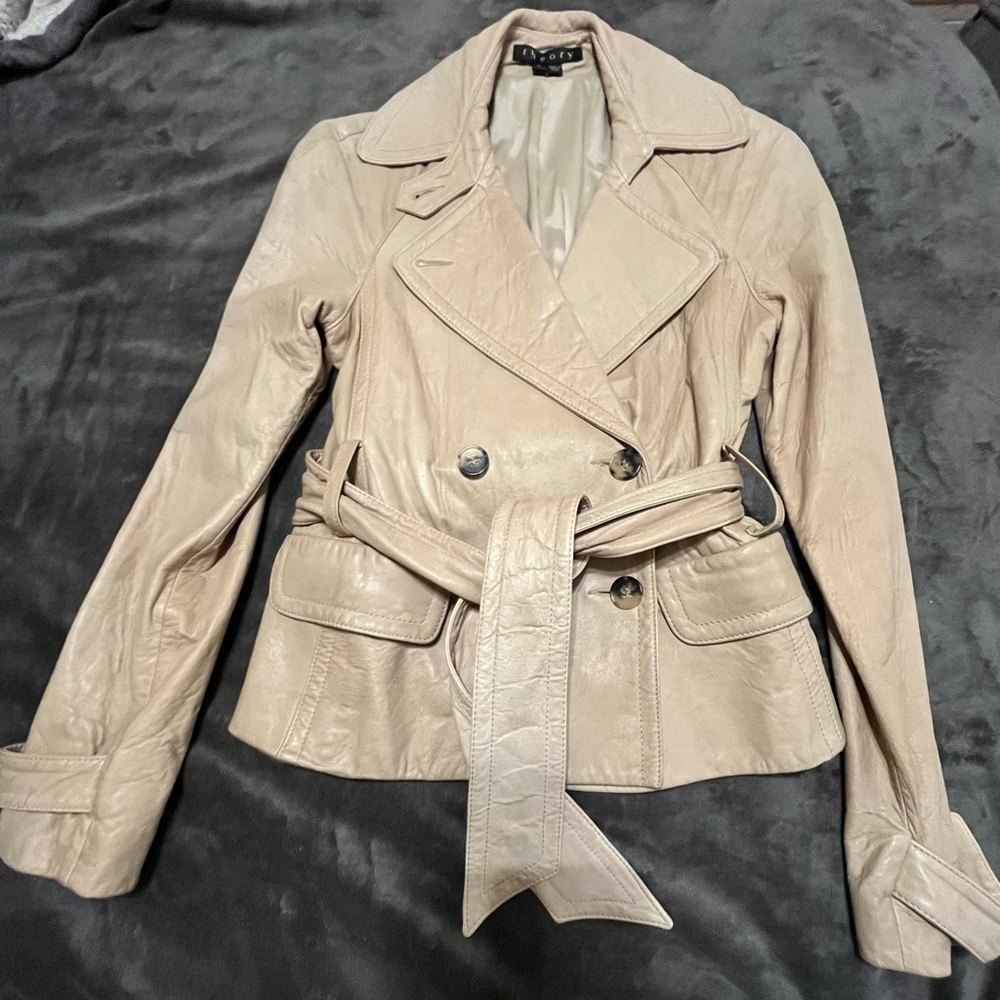 Theory Leather Cream Double-Breasted Jacket
